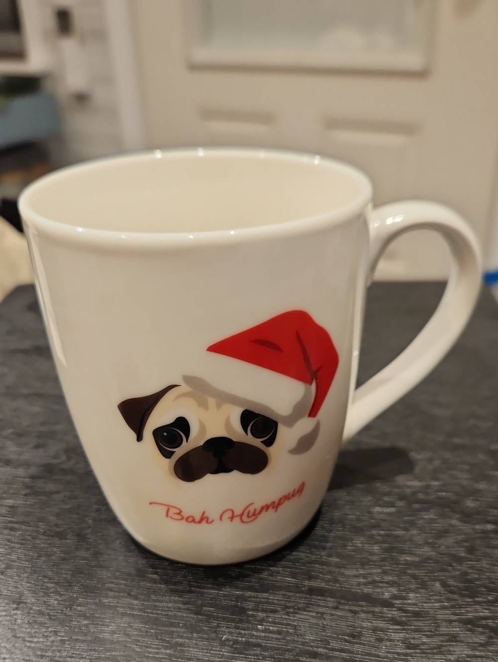 Ceramic Pug Holiday Mug in White and Red - Bah Humpug